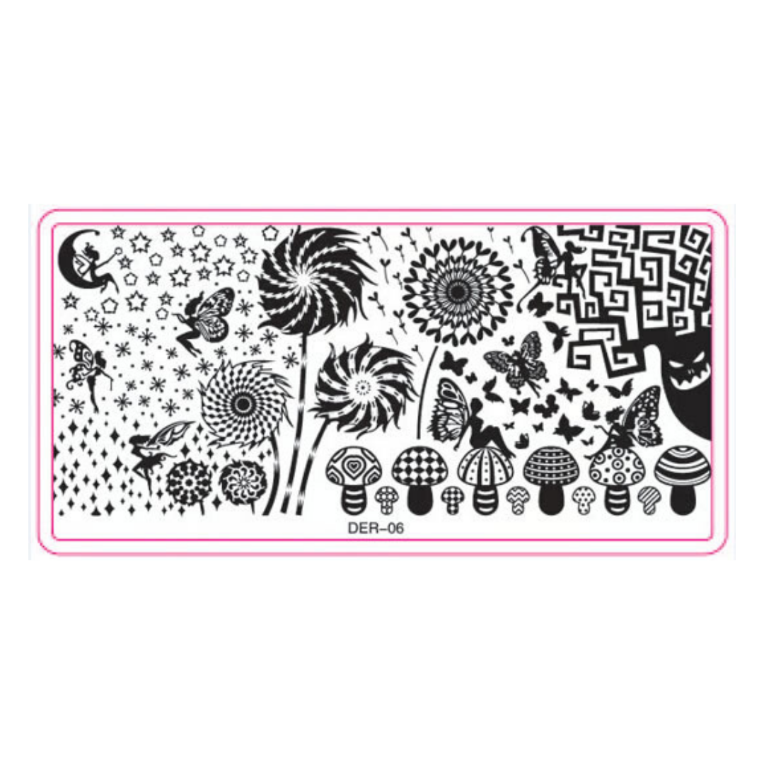 A rectangular black-and-white nail stamping plate design sheet with whimsical motifs including mushrooms, butterflies, flowers, stars, and abstract patterns, outlined in pink with the code DER-06 below.