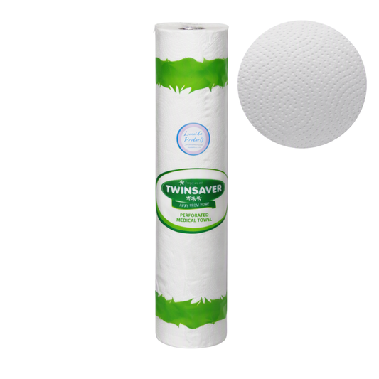 A roll of medical towels branded Twinsaver, shown upright next to a circular close-up inset of the textured white paper surface.