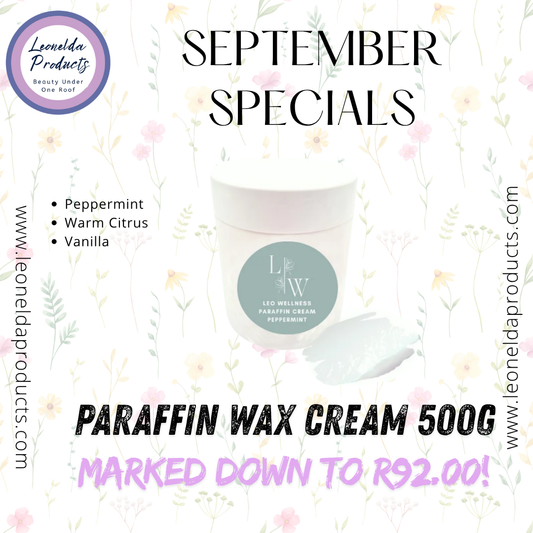Promotional graphic for Leonelda Products featuring a jar of Paraffin Wax Cream with its lid placed beside it on a white background with delicate floral illustrations. The image includes text reading 'SEPTEMBER SPECIALS,' 'PARAFFIN WAX CREAM 500G,' 'MARKED DOWN TO R92.