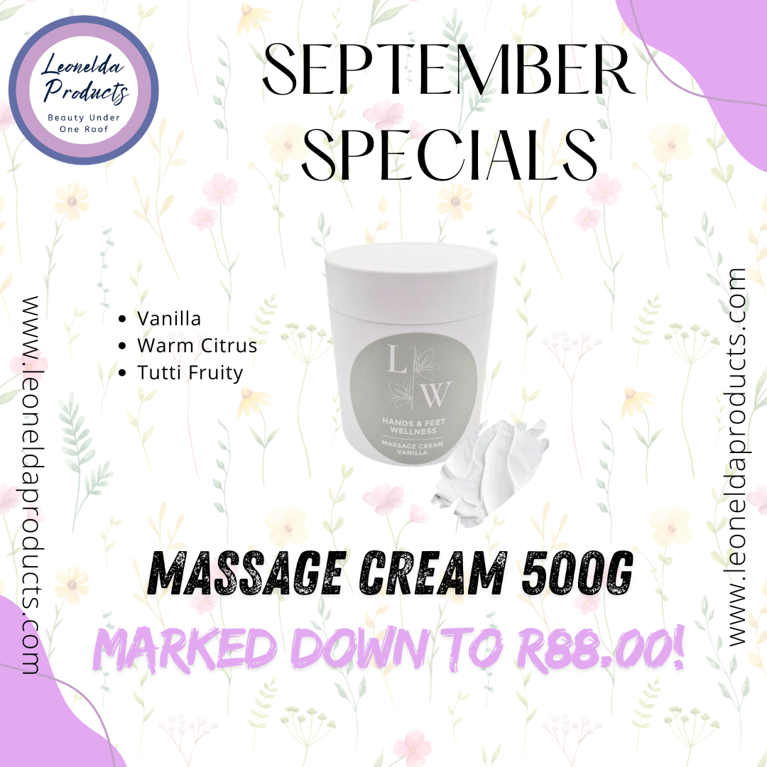 Promotional graphic for a massage cream jar with text reading 'SEPTEMBER SPECIALS' and 'MASSAGE CREAM 500G MARKED DOWN TO R88.00!'.