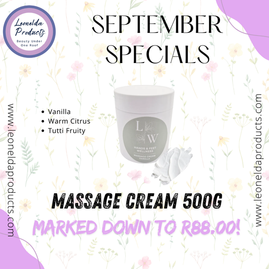 Promotional graphic for a massage cream jar with text reading 'SEPTEMBER SPECIALS' and 'MASSAGE CREAM 500G MARKED DOWN TO R88.00!'.