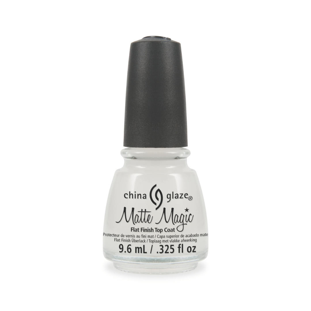 A bottle of China Glaze Matte Magic Flat Finish Top Coat nail polish on a plain white background.