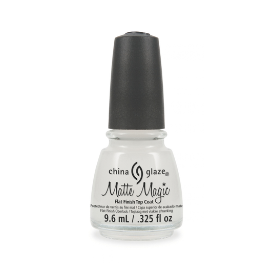 A bottle of China Glaze Matte Magic Flat Finish Top Coat nail polish on a plain white background.