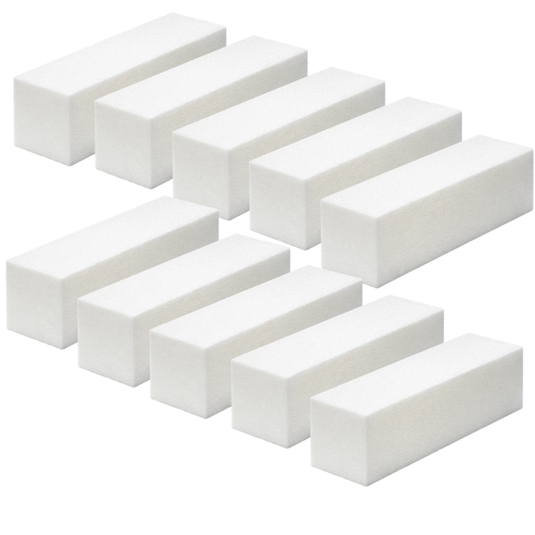 Ten white rectangular foam nail files or emery boards arranged in two rows on a plain white background.