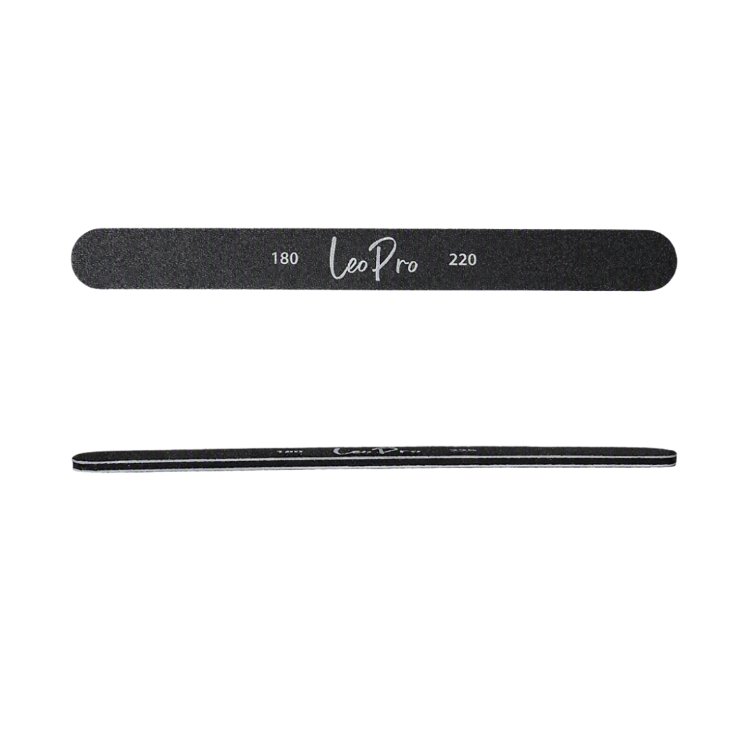 Two black nail files shown horizontally on a white background, with the top file displaying 'Leo Pro' and numbers 180 and 220 in white text.