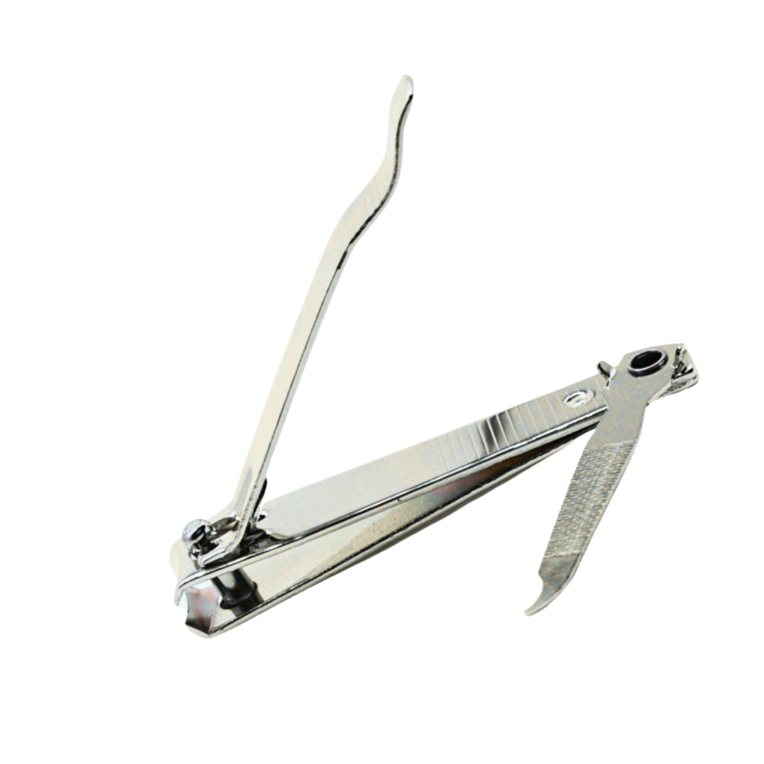 A pair of polished stainless steel nail clippers shown open against a solid white background.