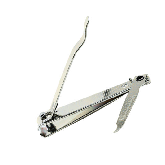A pair of polished stainless steel nail clippers shown open against a solid white background.