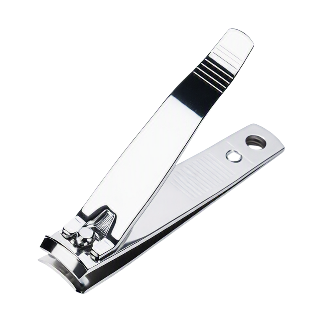 A pair of polished stainless steel nail clippers shown open on a plain white background.