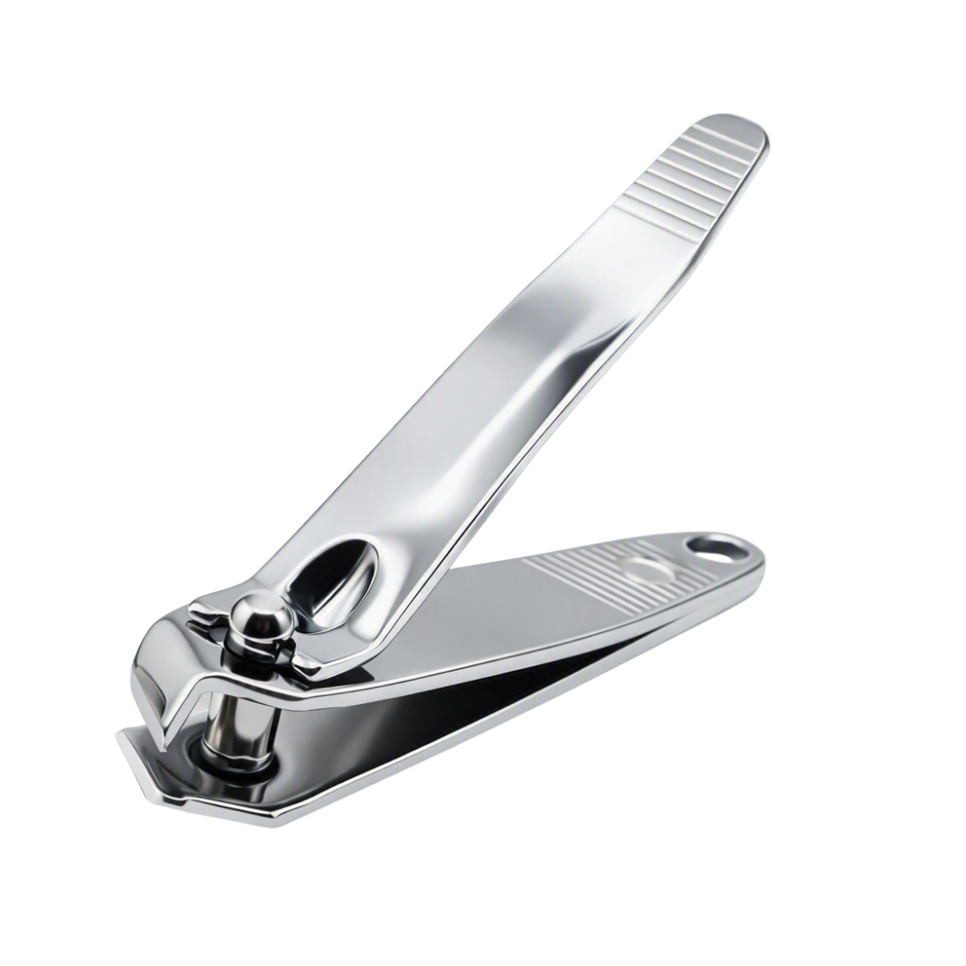 A polished chrome small cuticle or nail clipper shown on a solid white background.