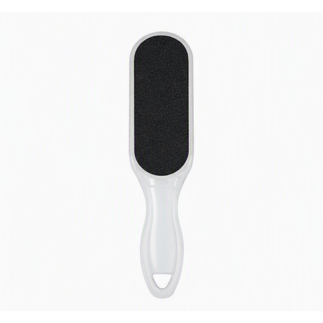 A handheld foot file or scrubber with a white plastic handle and a black textured abrasive pad, shown against a plain white background.