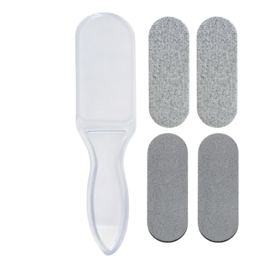 A clear plastic foot file shown next to four gray abrasive disposable grit pads on a plain white background.