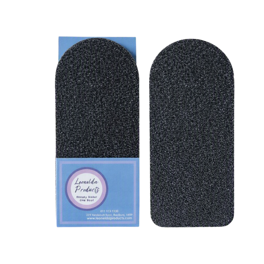Two black textured abrasive disposable 60 grit pads shown side by side, with the left file partially mounted on a blue branded cardboard backing. The backing reads 'Leonelda Products'.