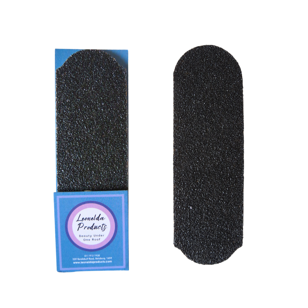 A black textured nail grit pads for stainless steel foot file shown next to its blue retail packaging box on a plain white background. The box features a circular purple and white logo for 'Leonida Products'.