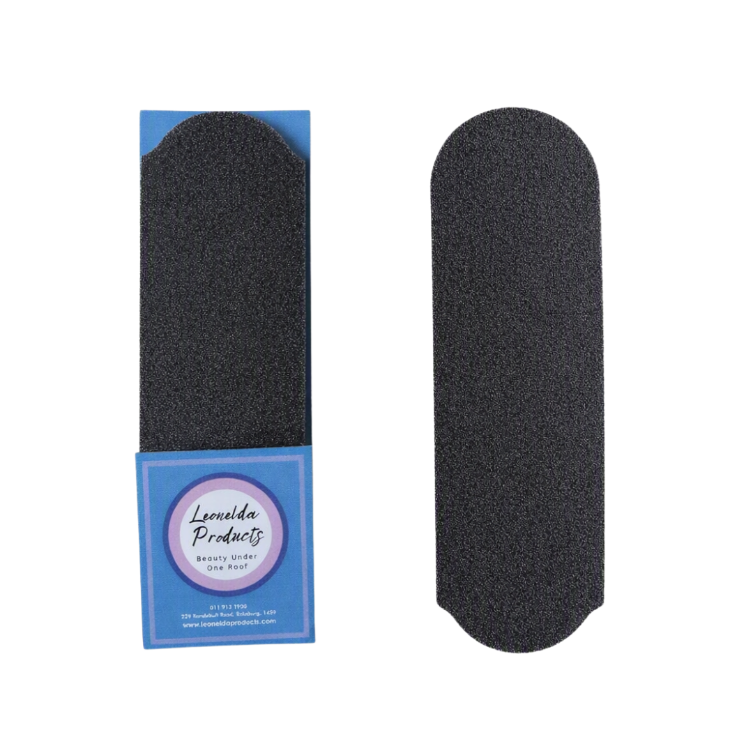 A black textured nail grit pads for stainless steel foot file shown next to its blue branded retail packaging on a plain white background. The packaging label reads 'Leonida Products'.