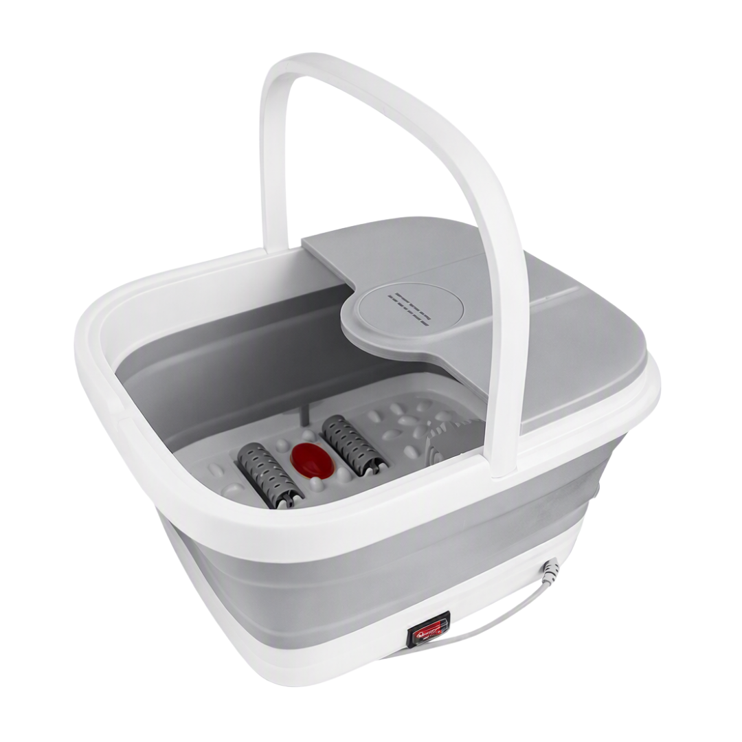 A gray and white collapsible foot bath tub with a white carrying handle, shown on a clean white background. The interior features massage rollers and a red accent button.