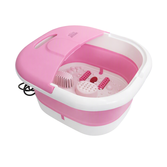 A pink and white collapsible foot bath tub with a white carrying handle, shown on a clean white background. The interior features massage rollers and a red accent button.