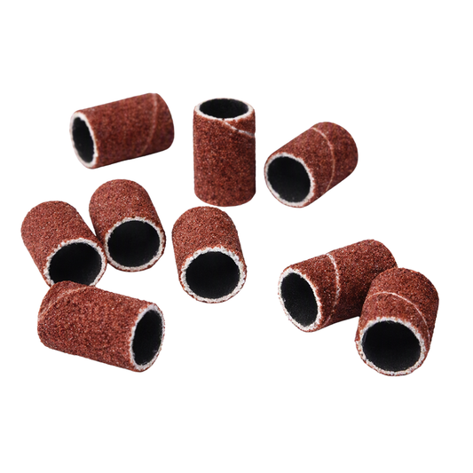 A set of eight brown abrasive sanding wheels with hollow centers, arranged on a plain white background.
