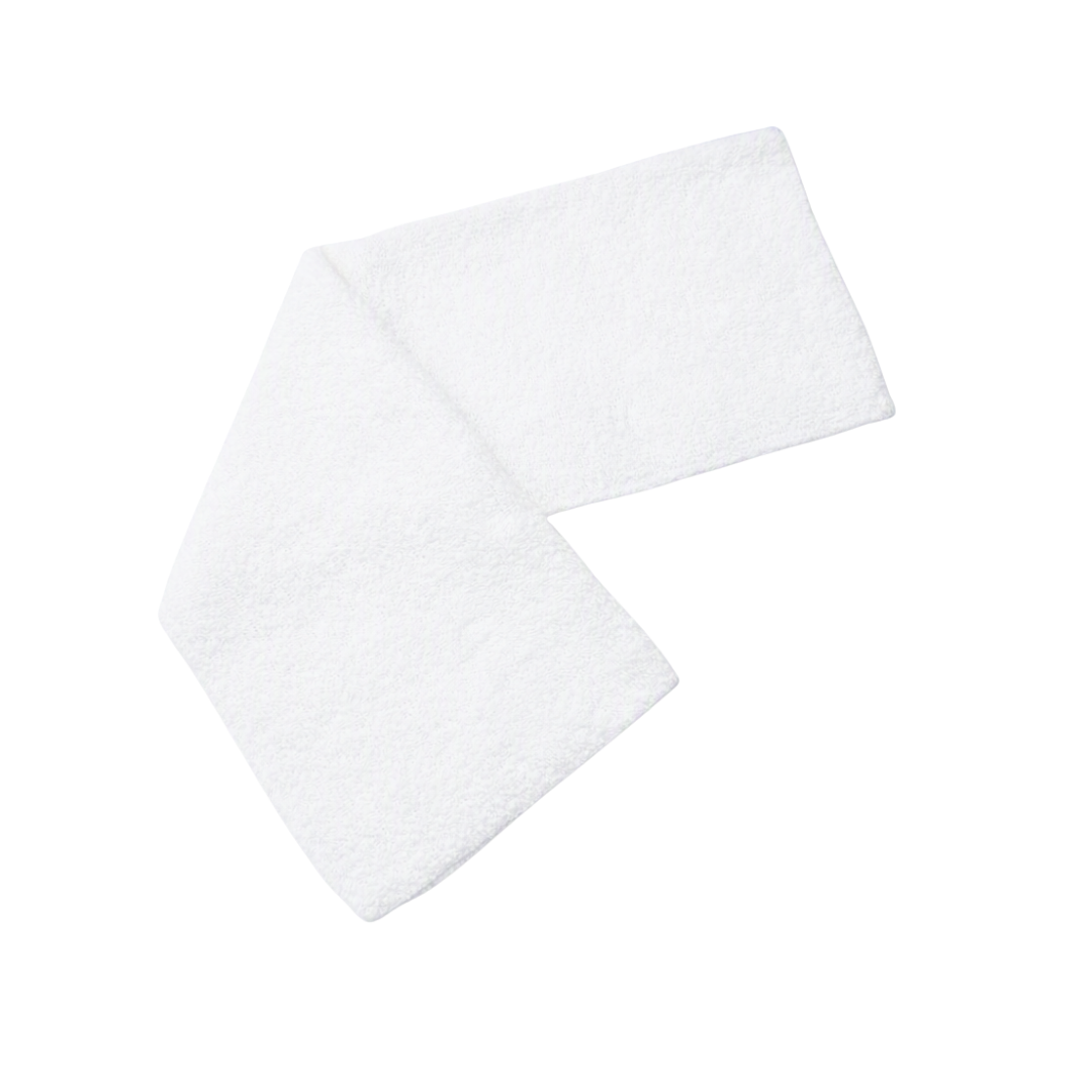A white textured towel folded in a loose loop, shown on a solid white background.