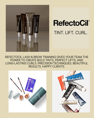 Promotional collage for RefectoCil lash and brow training, showing several branded product tubes and containers on a beige background with text reading 'RefectoCil TINT. LIFT.