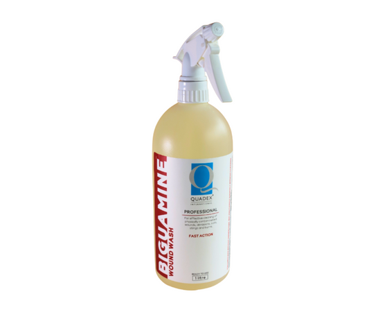 SKN021 Biguamine Sterilizer Disinfectant for skin during Microneedling | Bottle of Biguamine Wound Wash with a spray nozzle on a white background