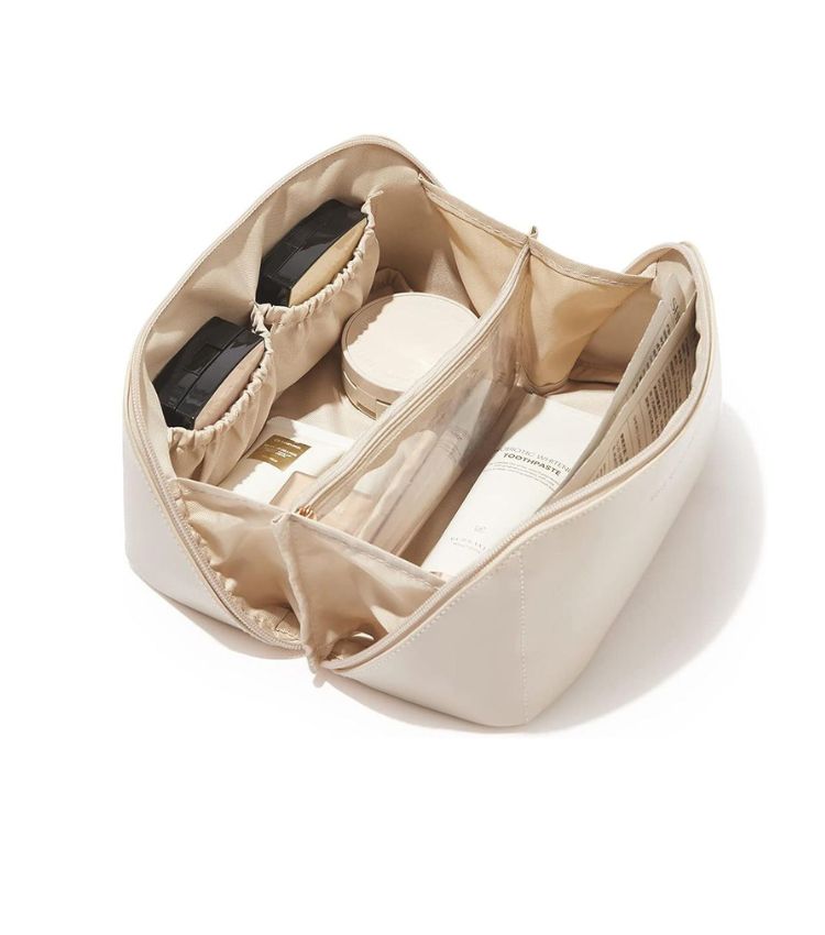 SN223 SKNLOGIC Beige cosmetic or makeup organizer with compartments on a white background