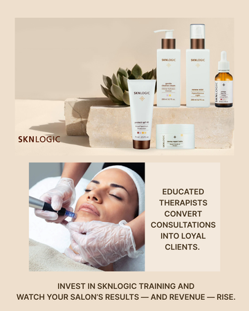 Promotional banner for SKNLOGIC skincare products, featuring a top product lineup on beige blocks and a bottom photo of a skincare treatment in a salon setting with a client and gloved therapist. Text highlights client conversion and salon investment.