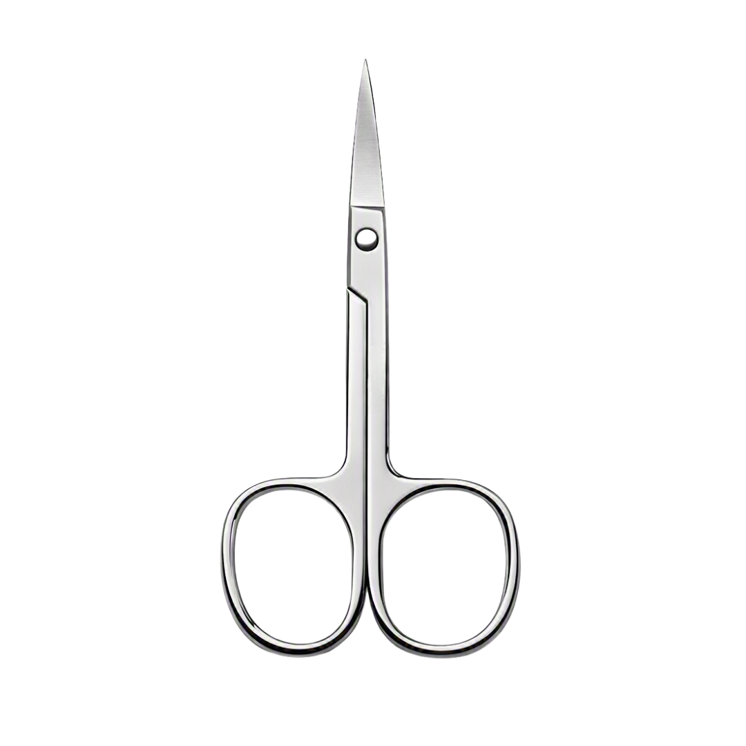 A pair of stainless steel nail scissors with a polished silver finish, shown against a solid white background.
