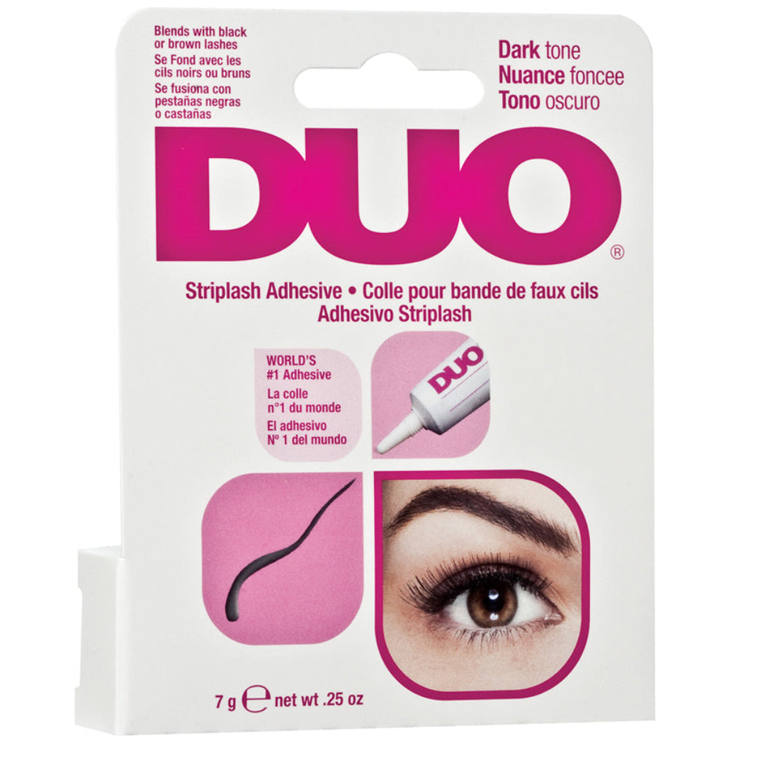 DUO Striplash Adhesive in 'Dark tone' featuring a white and pink retail card with product details, a tube illustration, and a close-up of an eye demonstrating the lash result.