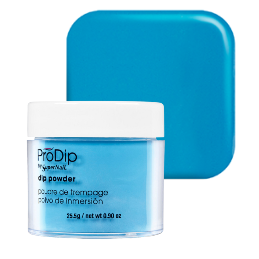 A jar of ProDip by SuperNail acrylic dipping powder in a bright blue shade, shown in front of its matching blue lid on a clean white background.