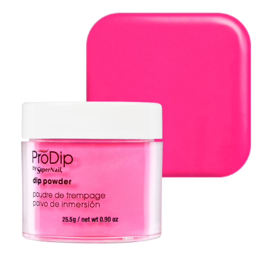A jar of ProDip SuperNail acrylic dipping powder in a bright hot pink shade, shown in front of a matching hot pink color swatch on a white background.
