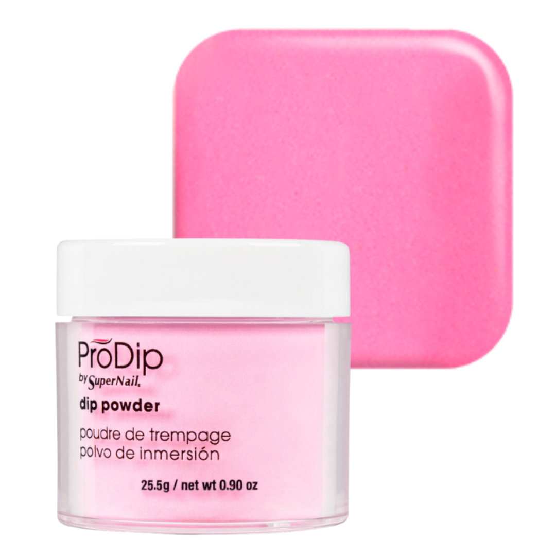 A jar of ProDip by SuperNail acrylic dipping powder in a bright pink shade, shown in front of a matching square swatch card on a white background.