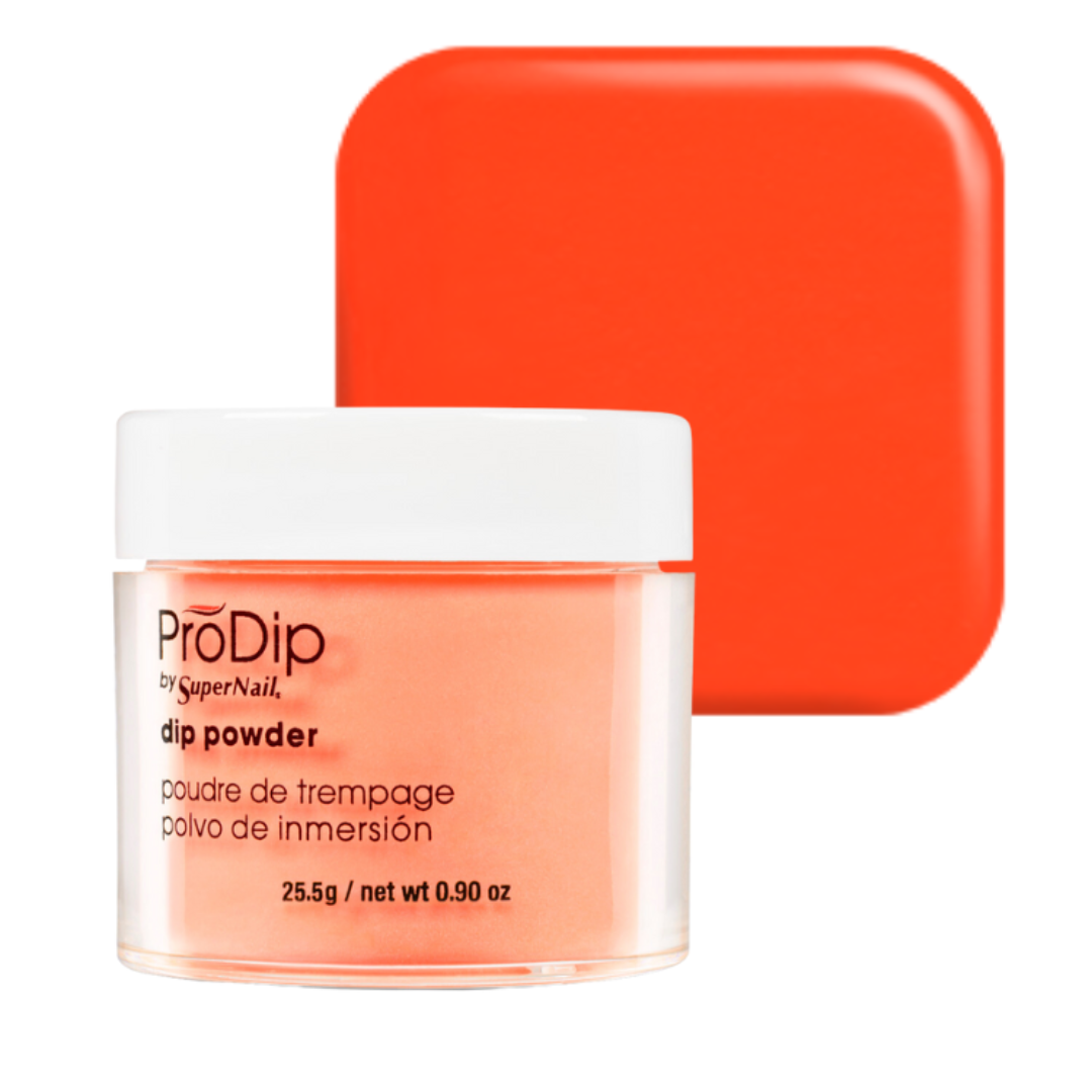 A jar of ProDip by SuperNail acrylic dipping powder in a bright orange shade, shown in front of a matching solid orange color swatch on a white background.