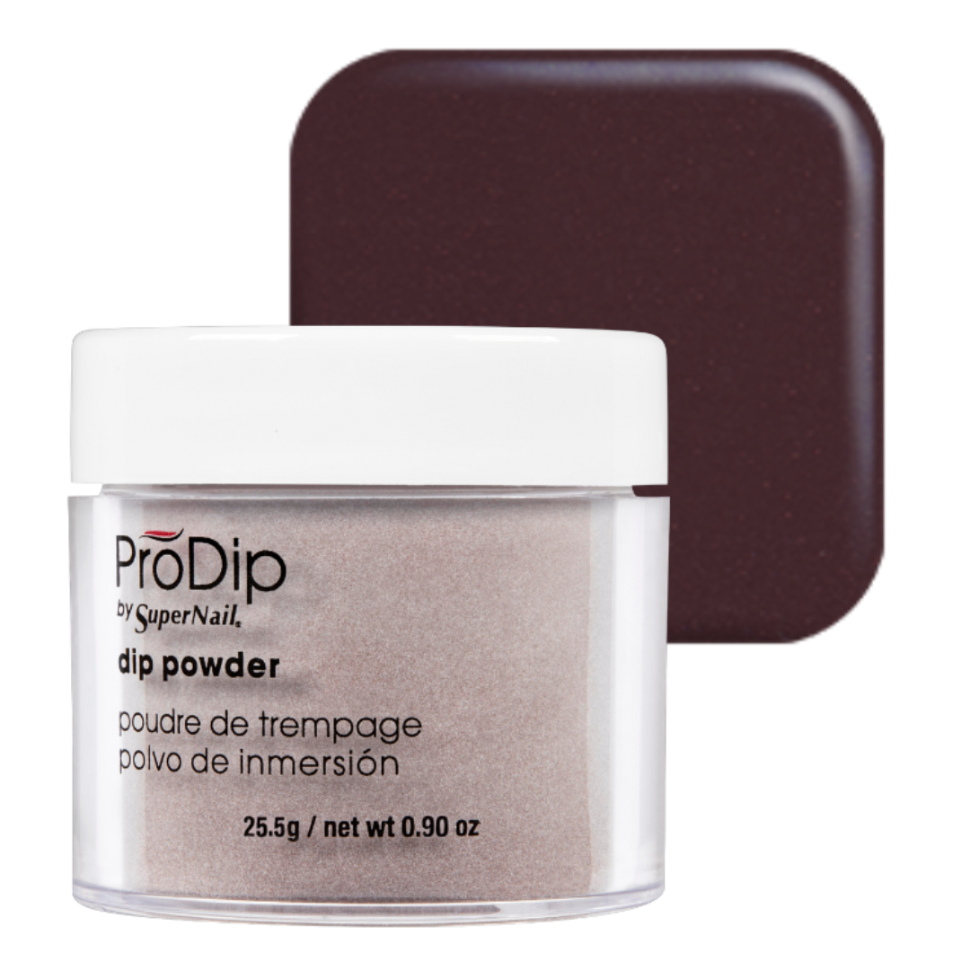 ProDip by SuperNail acrylic dipping powder in a clear jar with a white lid, shown in front of a matching dark mauve-brown color swatch on a white background.
