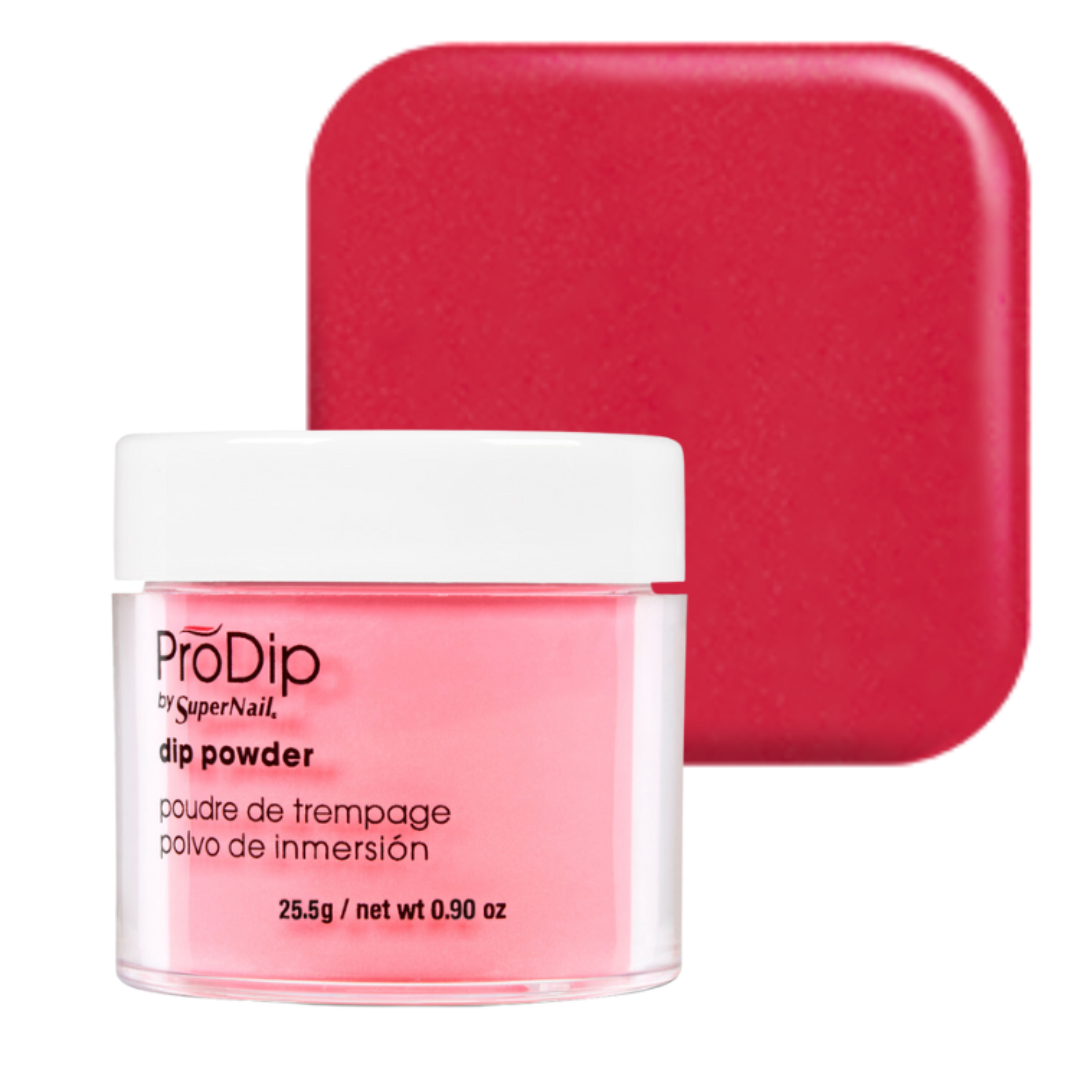 A jar of ProDip SuperNail acrylic dipping powder in a bright pink shade, shown in front of a matching square swatch of the pink powder on a white background.