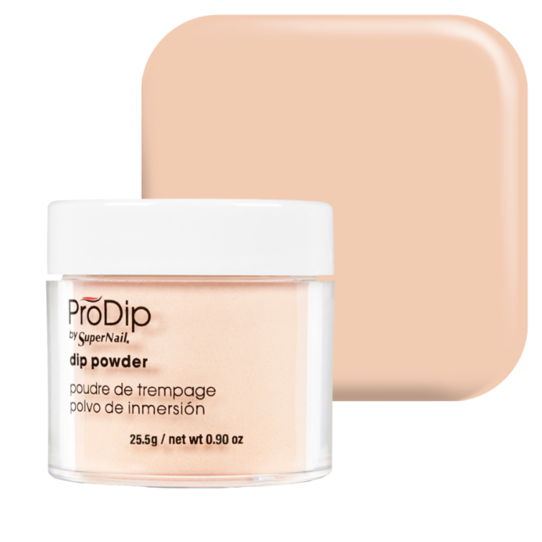 ProDip SuperNail acrylic dipping powder jar in a light peach-beige shade, shown in front of a matching square color swatch on a white background.