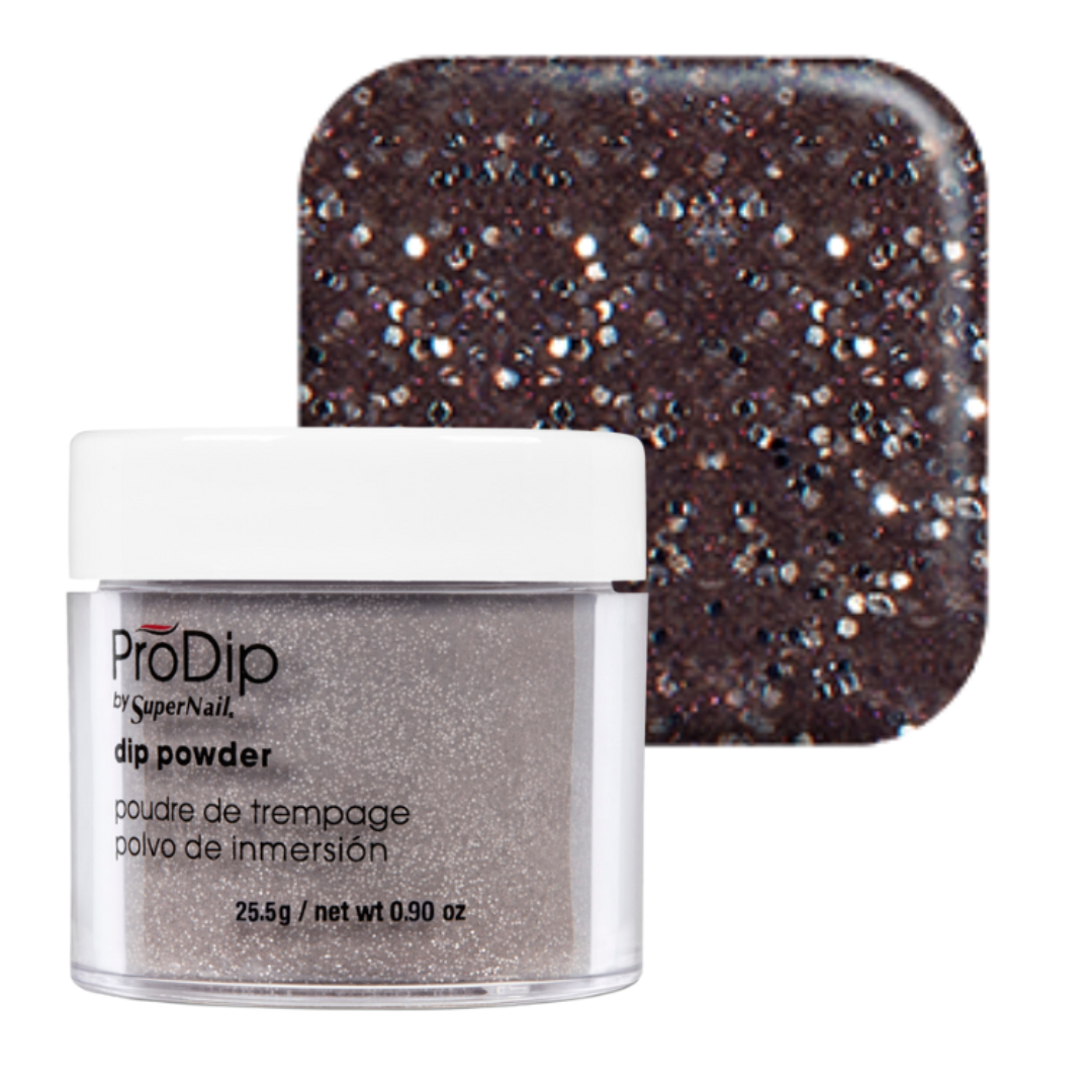 ProDip #SuperNail acrylic dipping powder in a clear jar with a white lid, shown in front of a square color swatch displaying the glittery dark brown nail polish color.