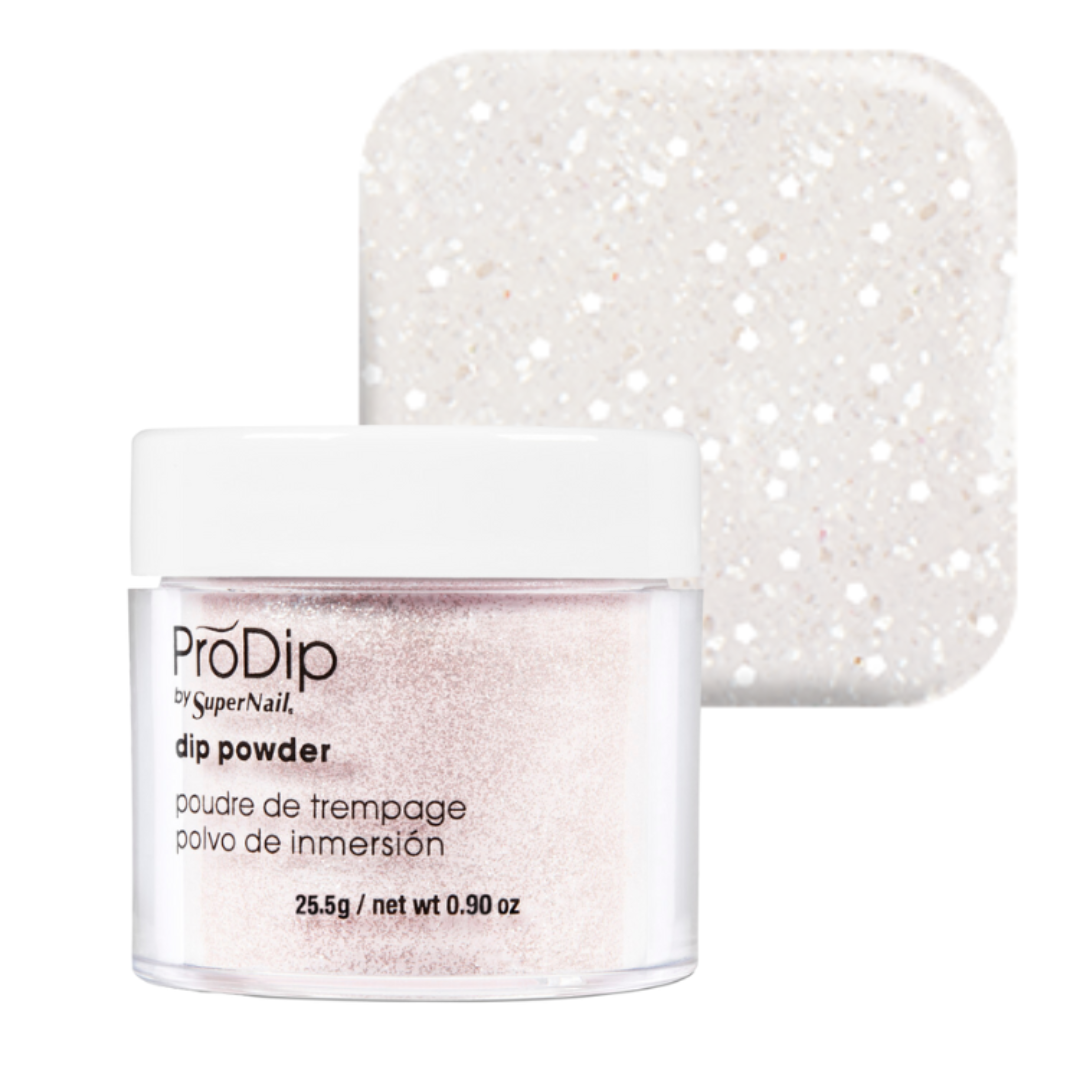 ProDip SuperNail acrylic dipping powder in a clear jar with a white lid, shown in front of a square swatch displaying the sparkly white and pink glitter powder.