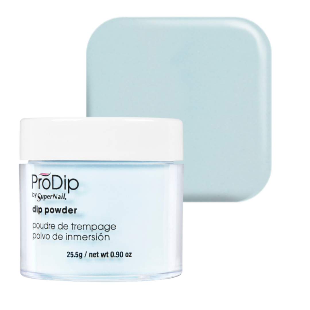 A jar of ProDip by SuperNail acrylic dipping powder in front of its light blue square lid on a white background.