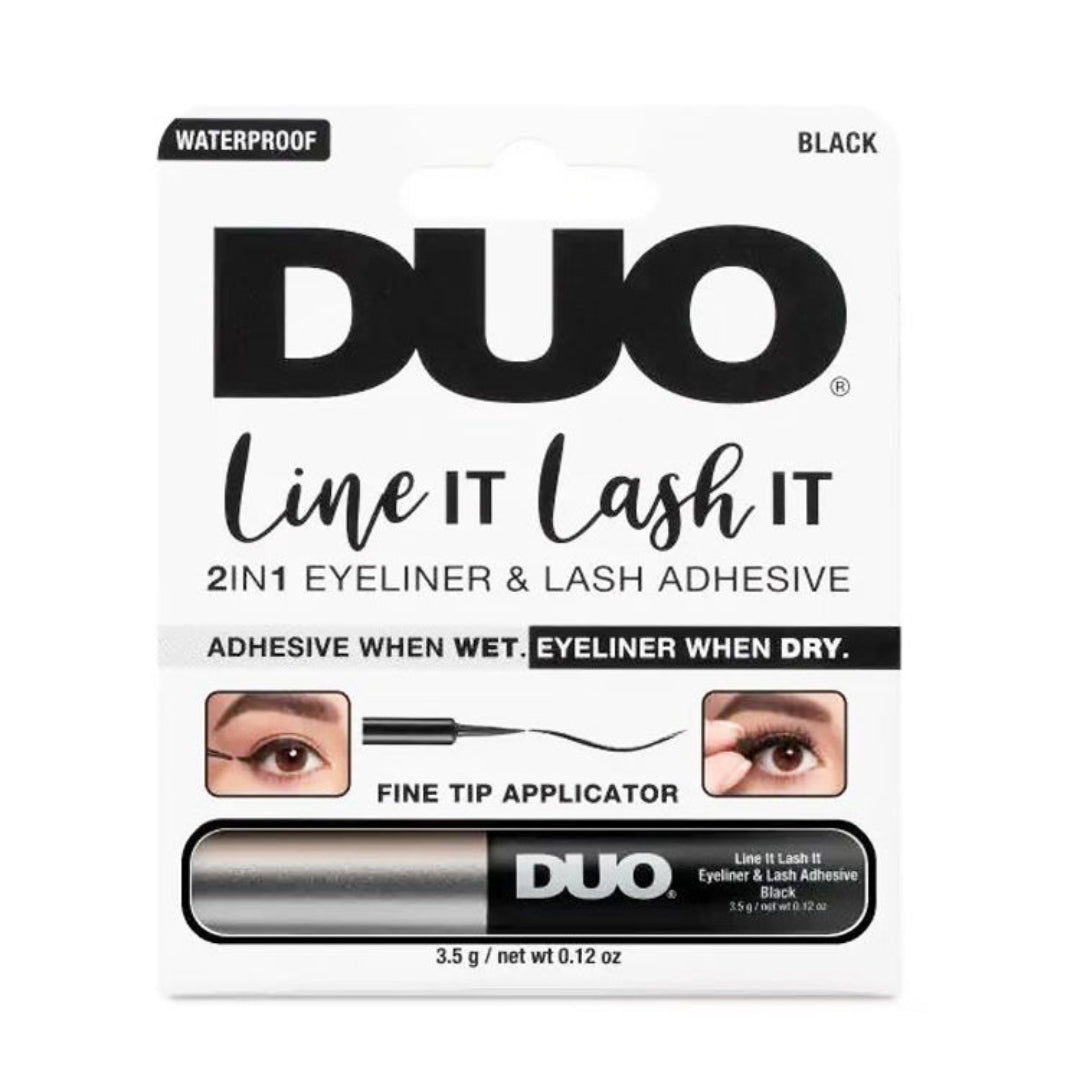 DUO Line It Lash It 2-in-1 Eyeliner & Lash Adhesive in black, shown in its retail packaging with a fine tip applicator visible through a window at the bottom.
