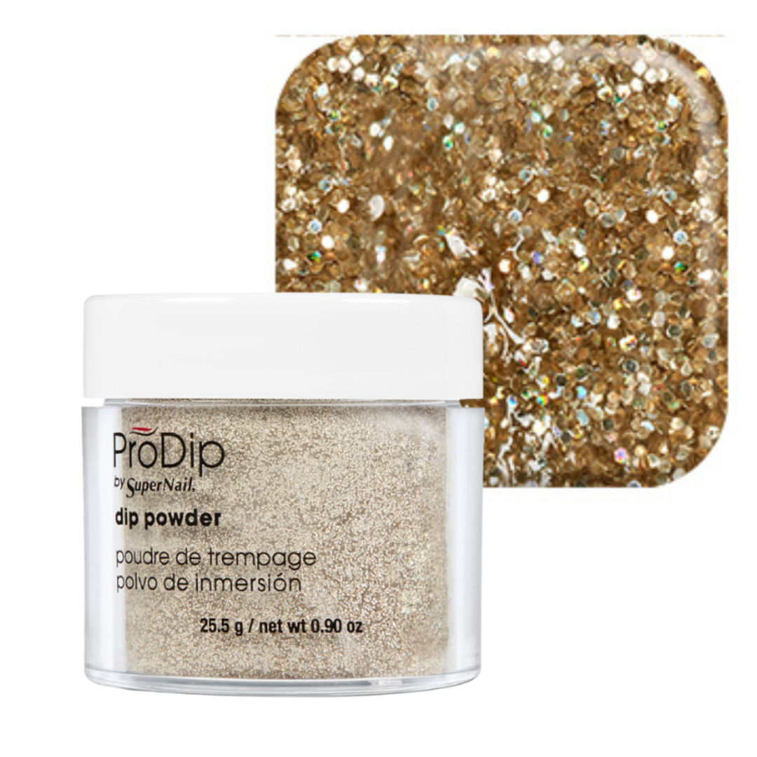 A jar of ProDip SuperNail acrylic dipping powder with a white lid and clear container, shown in front of a glittery gold sample swatch on a white background.