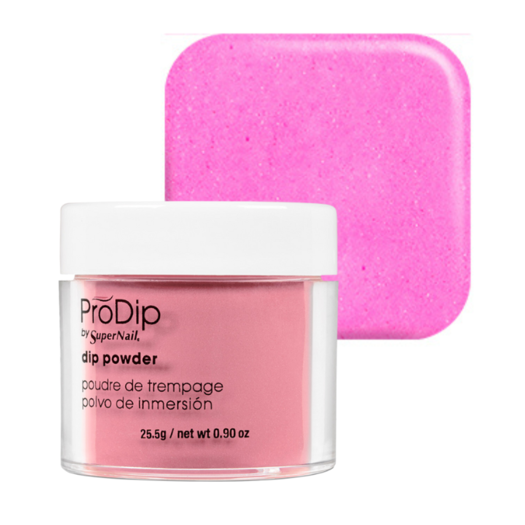 A jar of ProDip SuperNail acrylic dipping powder in a bright pink shade, shown in front of a matching square color swatch on a white background.