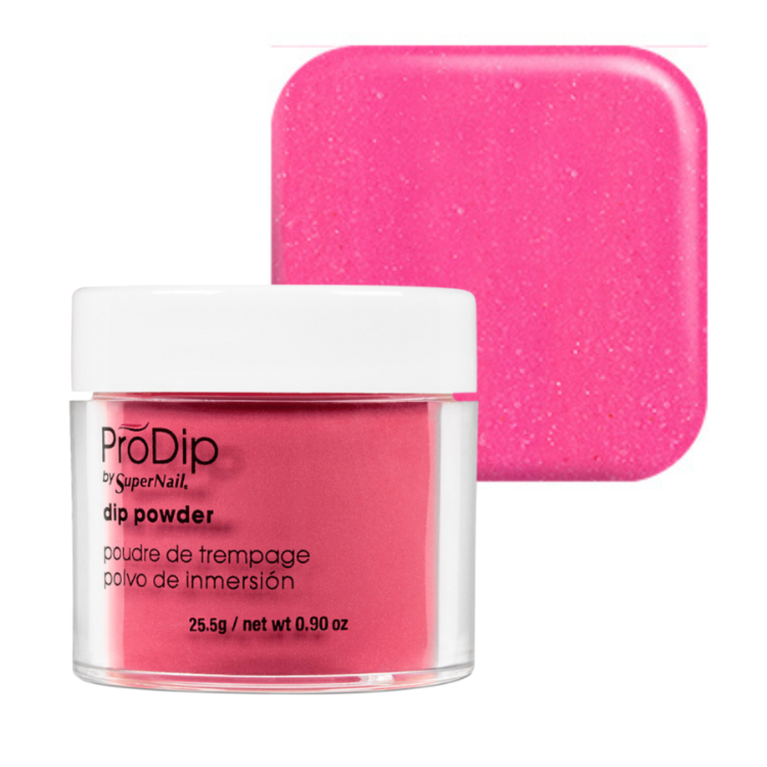 A jar of ProDip UV SuperNail acrylic dipping powder in a bright pink shade, shown in front of a matching square color swatch on a white background.