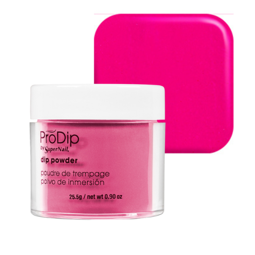 A jar of ProDip SuperNail acrylic dipping powder in a bright hot pink shade, shown with a matching hot pink color swatch card behind it on a white background.