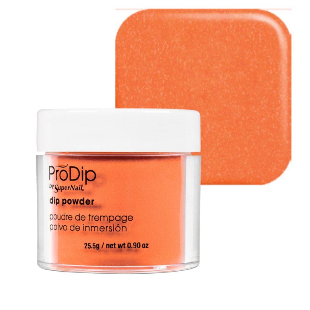A jar of ProDip 24k SuperNail acrylic dipping powder in a bright orange shade, shown with a matching orange color swatch square behind it on a white background.