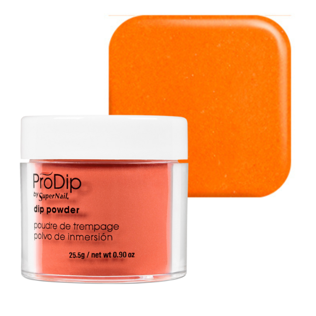 A jar of ProDip by SuperNail acrylic dipping powder in a bright orange shade, shown in front of a matching square color swatch on a white background.