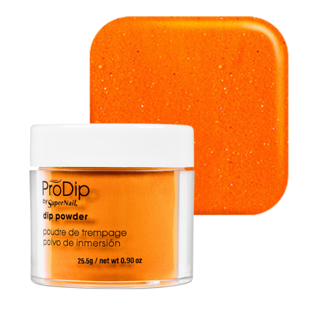 A jar of ProDip acrylic dipping powder in a bright orange shade with a white lid, shown in front of a matching square color swatch on a white background.