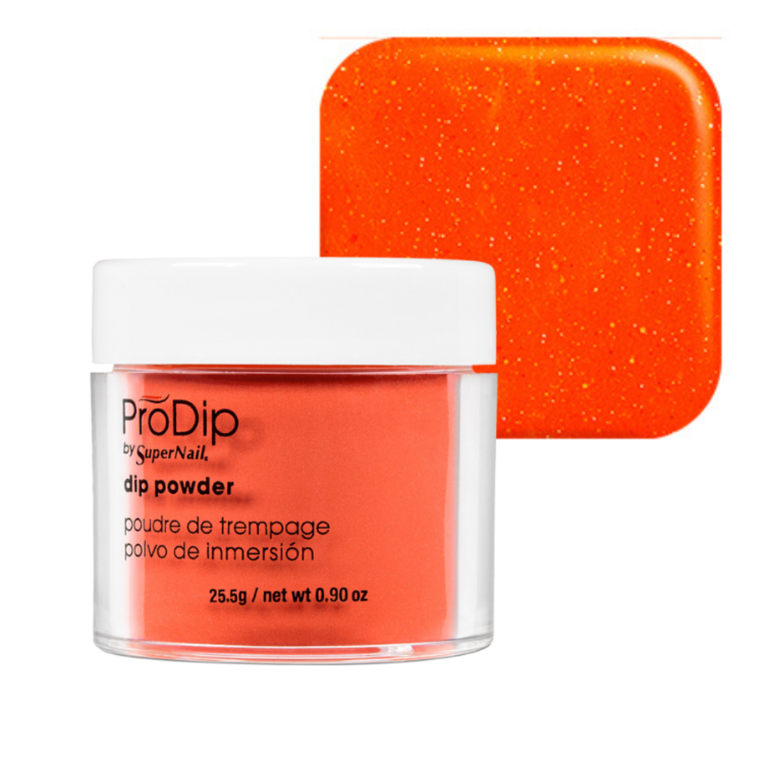 A jar of ProDip SuperNail acrylic dipping powder in a bright orange shade, shown in front of a matching square color swatch on a white background.