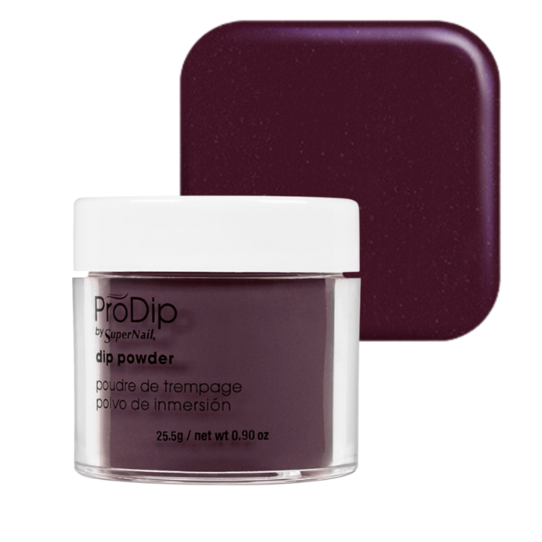 ProDip by SuperNail acrylic dipping powder in a deep plum purple shade, shown in a clear jar with a white lid in front of a matching square color swatch on a white background.