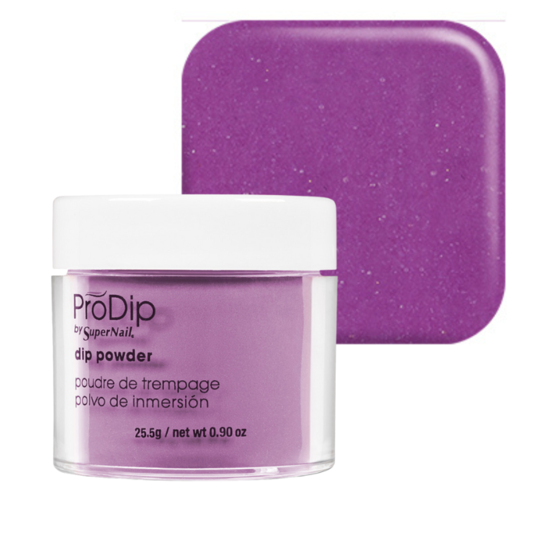A jar of ProDip SuperNail acrylic dipping powder in a sparkling purple shade, shown in front of a matching square color swatch on a white background.
