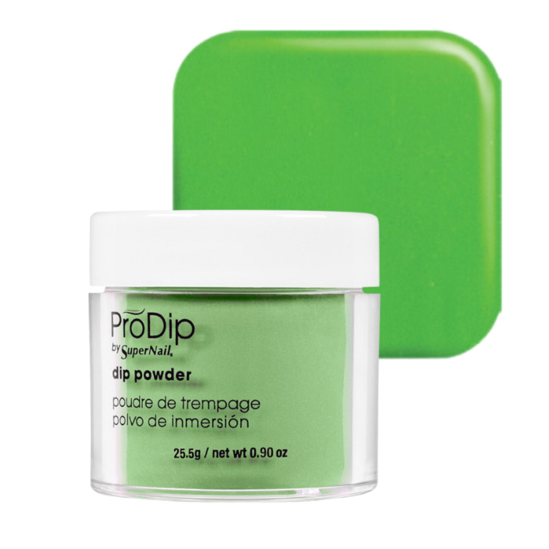A jar of ProDip acrylic dipping powder in a bright green shade, shown with its white lid and a matching green color swatch behind it on a white background.